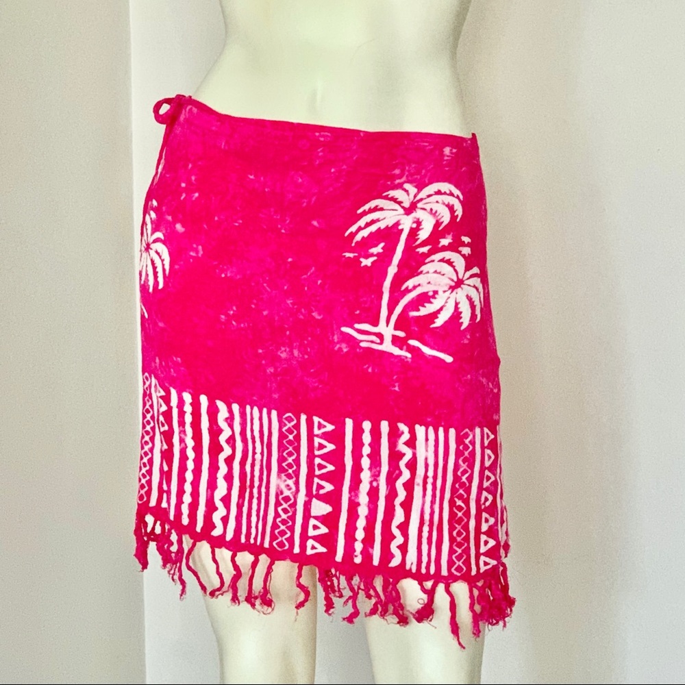 Y2K Hot Pink Tropical Sarong Wrap Skirt Beach Cover-Up Fringe Summer Festival